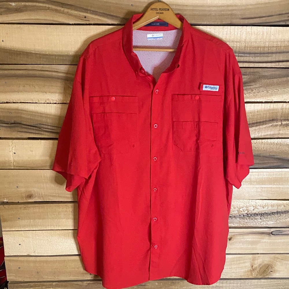 Columbia PFG Tamiani Men's Vibrant Red button up fishing Shirt XXL Omnishade
